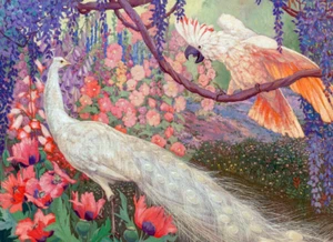 Pfau und Kakadu in einer Gartenlandschaft Keramikfliese Wandbild Spritzschutz - Bild 1 von 8