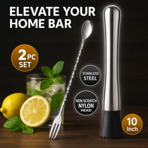 Stainless Steel Cocktail Muddler & Bar Mixing Spoon – 2 Piece Bartender Tool Set - Picture 1 of 8