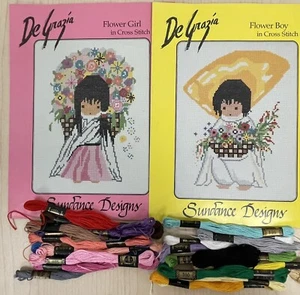 DE GRAZIA FLOWER GIRL AND FLOWER BOY CROSS STITCH CHART PATTERN WITH THREAD - Picture 1 of 3