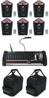 6) Rockville RF WEDGE BLACK RGBWA+UV Wireless DMX Lights+384 Ch. Controller+Bags - Image 1 of 4