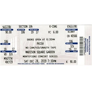 PHISH Concert Ticket Full Stub NEW YORK NY 12/28/19 MADISON SQUARE GARDEN NYE - Picture 1 of 2
