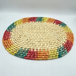 Vtg Woven Raffia Oval Mat Tray Coil Wall Hanging Boho Colorful Rattan Decor - Picture 1 of 3
