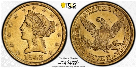 1843 $5 Gold Liberty Half Eagle PCGS AU 58 Cover