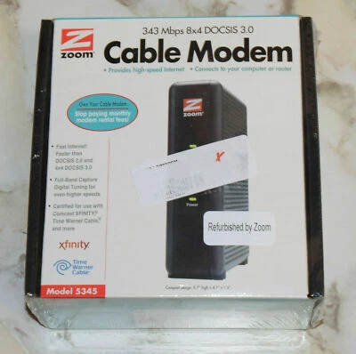 Zoom 343MBps 8x4 Docsis 3.0 Cable Modem 5345 Comcast Xfinity Time Warner Cable - Image 1 of 4