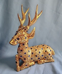 Wood Carved Golden Deer Coverd Cut Colored Glass Pieces 11 1/2" HOLIDAYS - Picture 1 of 22