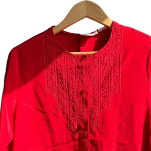 Vintage Jaclyn Smith Red Embroidered Accent Long Sleeve Tunic Blouse Size 8 - Picture 1 of 10