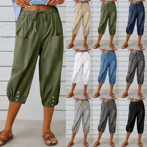 Ladies Linen 3/4 Length Pants Summer Cropped Bottoms Beach Capri Trousers 8-18 - Picture 1 of 54