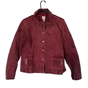 Chico's Red Maroon Leather Suede Collared Button Front Jacket Women Sz 2 Sz M - Picture 1 of 9