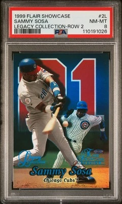 1999 Flair Showcase #2L Sammy Sosa Legacy Collection Row 2 (Passion) PSA 8 #/99 - Image 1 of 2