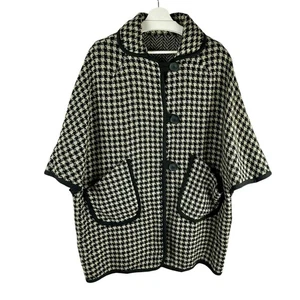 Reversible Poncho Coat Women One Size Black White Houndstooth Plaid Herringbone - Picture 1 of 8