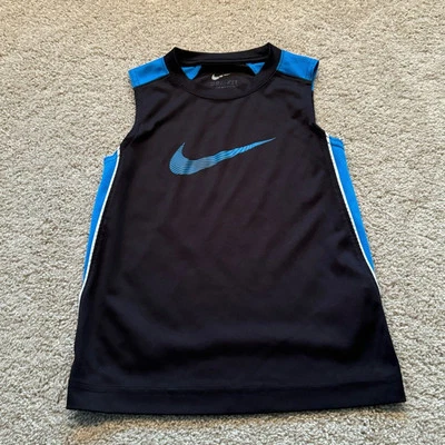 Nike Dri-Fit Boys Sleeveless Stay Dry Tank Top Size 5 Black Blue Swoosh - Image 1 of 4