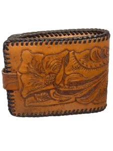VTG Genuine Leather Wallet Mens Brown Hand Tooled Whip Stitched Bifold Western - Picture 1 of 13