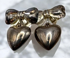 Silver Tone Bow & Dangling Puffy Heart Drop Earrings Fashion Jewelry - Picture 1 of 6