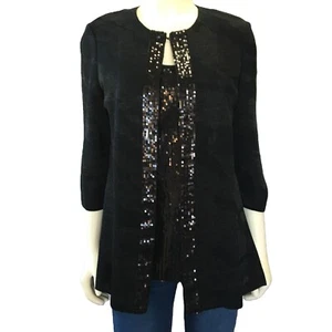 Ming Wang Size M Cardigan Set Black Metallic 2 PC Sweater Jacket Sequin Tank Top - Picture 1 of 22