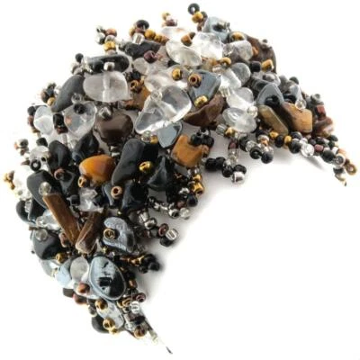 Wide Mixed Onyx Tiger Eye Gem Chips Glass Seed Beads Handmade Bracelet, 2" - Image 1 of 2