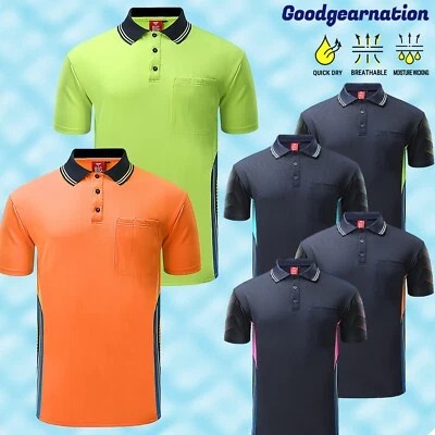 Mens Polo Shirts Short Sleeve Work Casual Sport Contrast Breathe Hi Vis Colors - image 1 of 4