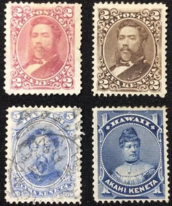 HAWAII - 1875-1882  Lot of 4 Stamps King David Kalakaua, Kamehameha V,  Likelike - Picture 1 of 3