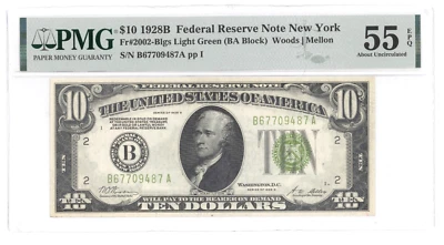 FR 2002-B LGS US 1928B $10 FRN New York LIGHT GREEN SEAL PMG AU 55 EPQ - Image 1 of 2