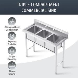 WILPREP 40" Commercial Kitchen Sink Stainless Steel Utility Sink 3 Compartment - Picture 1 of 13