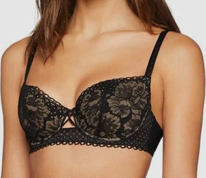 $105 Maison Lejaby Women's Black Padded Floral Lace Dotted Demi Bra Size 32B - Picture 1 of 2