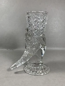 Duncan and Sons Clear Glass Daisy Square Cornucopia Hand Bud Vase 6” EAPG - Picture 1 of 9