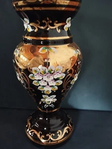 Bohemia czech glass black vase 31 cm decorated gold and enamel - Imagen 1 de 5