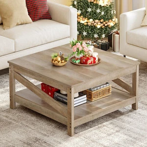 31.5" Square Coffee Table with Storage 2-Tier Rustic Center Table Living Room - Picture 1 of 11