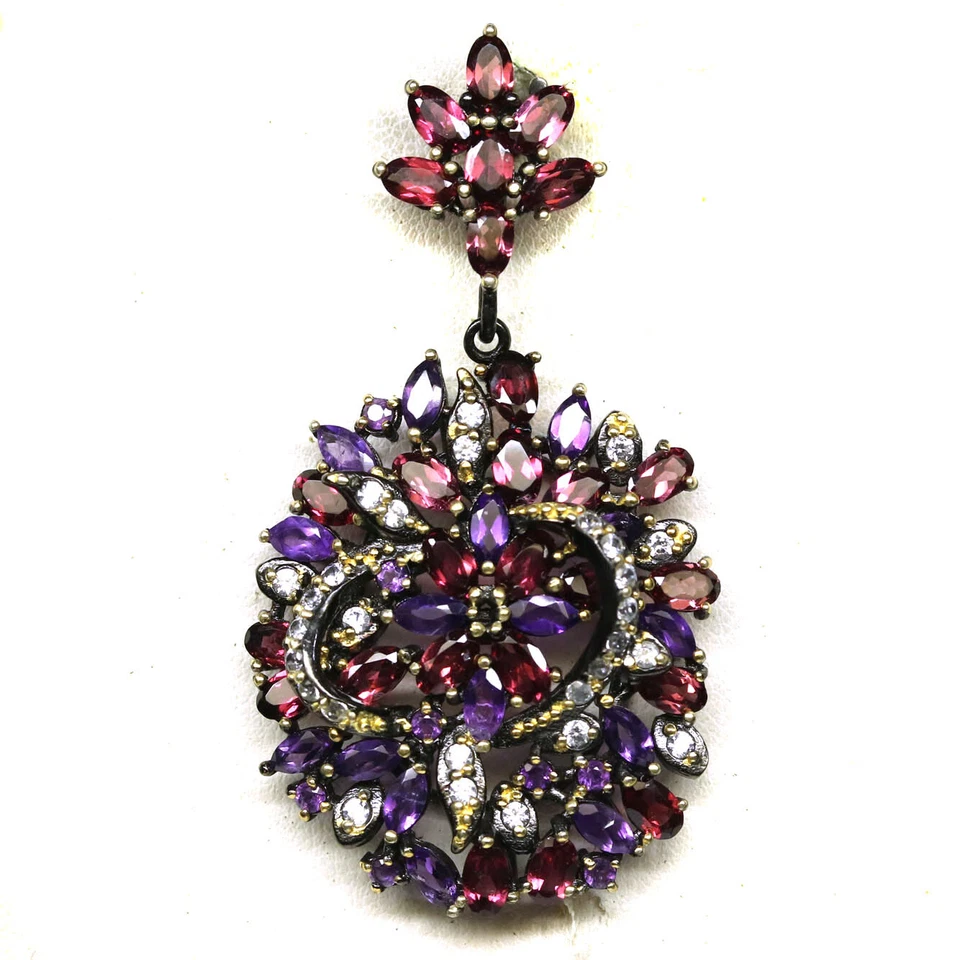 925 Sterling Silver Purple Amethyst, Rhodolite Garnet & Zircon Pendant  - Image 1 of 4