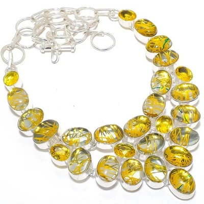 Dorato Rutilo Quarzo, Citrino Gemma 925 Argento Sterling Gioielli Collana - Immagine 1 di 4