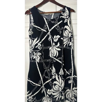 Vintage Tori Richard Honolulu Sleeveless Midi Dress Black White Floral Print XL - Image 1 of 4