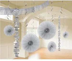 SILVER DELUXE ROOM DECORATING KIT (18pc) ~ Wedding Birthday Party Supplies Fans - Picture 1 of 3