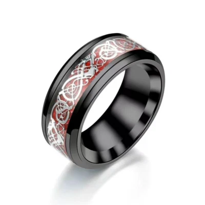 8 mm Black Stainless Steel Silver Dragon Red Inlay Engagement Ring Sizes 7 - 12 - Image 1 of 3