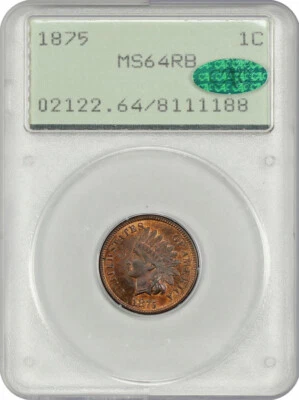 1875 1C PCGS Rattler MS64RB CAC Indian Head Cent 8111188 - Image 1 of 3