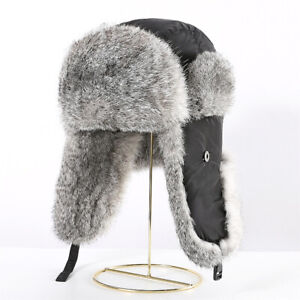 Men Winter Genuine Rabbit Fur Trapper Hats Russian Ushanka Warm Earflap Ski Caps