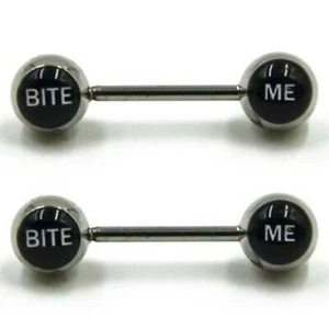 BITE ME Pierced Nipple Ring ~ Pair (2 pieces) ~ Stainless Steel ~ Tongue Eyebrow - Picture 1 of 3