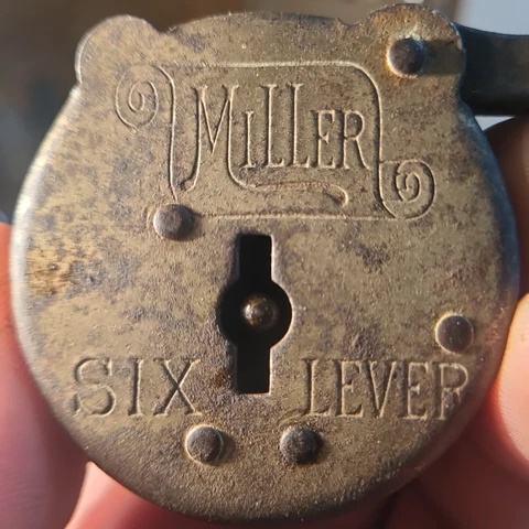 Antique MILLER Six Lever Pad Lock with Original Working Key Cover