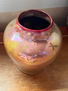 Vintage Small Orange Luster Porcelain Vase w some Abstract Relief Around Top - Picture 1 of 12