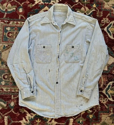 VTG Distressed Hickory Stripe Button Up Shirt Blue White Stenciled 60s 70s 21x29 - Image 1 of 4