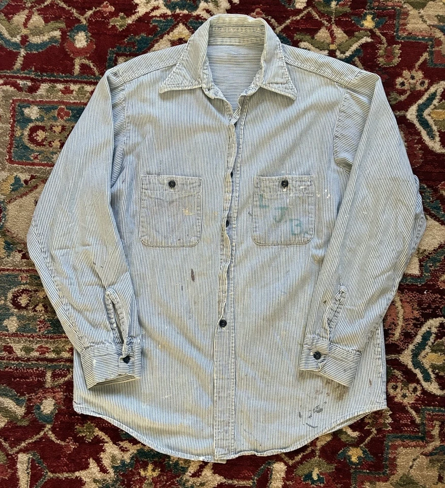VTG Distressed Hickory Stripe Button Up Shirt Blue White Stenciled 60s 70s 21x29 - Image 1 of 4