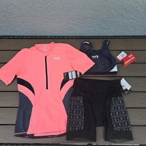 TYR Women Pink/black Cycling Top & 6 in Pad Short Competitor W/bra  Sz S New  - Picture 1 of 7