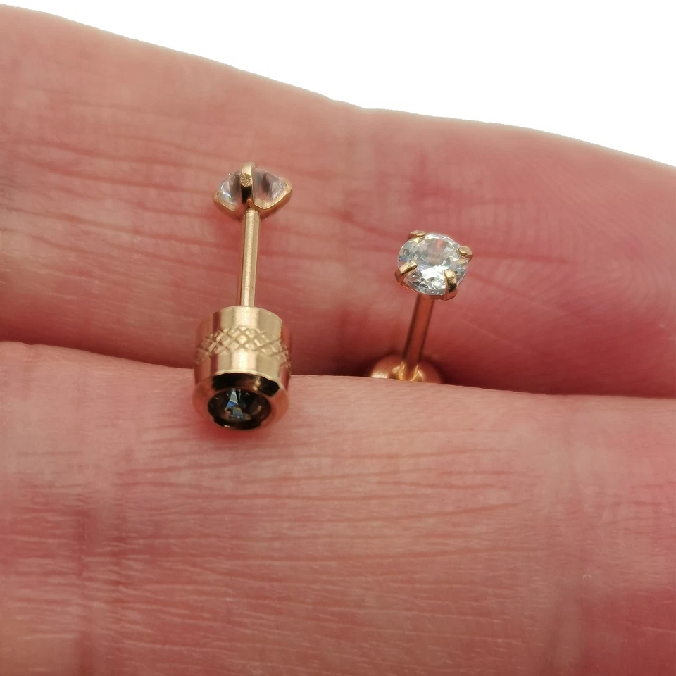 Brincos redondos de zircão folheados a ouro rosa 18K hipoalergênicos 3x3 mm quatro garras - Imagem 1 de 1