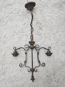 Antique Wrought Iron Gothic Medieval Light Hanging Fixture - Picture 1 of 6