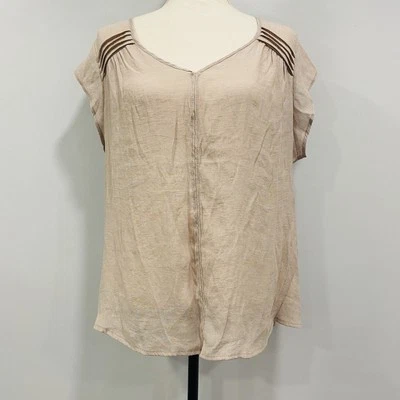 WOMEN'S XL Beige Boho Rayon Woven Minimalist Neutral Cap Sleeve Lagenlook Top - Image 1 of 4