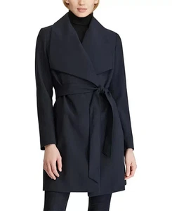 Lauren Ralph Lauren Belted Crepe Wrap Coat Dark Navy Size S M - Picture 1 of 13