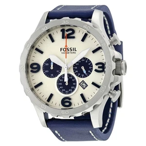 Fossil Nate Chronograph Beige Dial Navy Blue Leather Men's Watch JR1480 - Picture 1 of 3