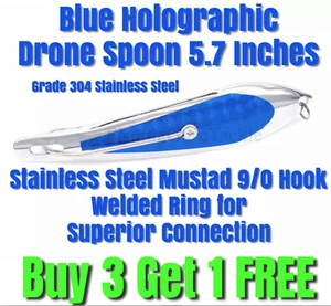 Blue Holographic Drone Trolling Spoon 14.5cm/5.7 Inches With Mustad Hook - Picture 1 of 7