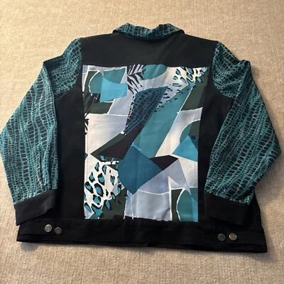 KOOS Of Course Jacket Womens L Geometric Abstract Turquoise Velour Vintage 90s - Image 1 of 4