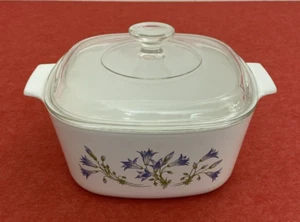 Vintage 3L Corning Ware Casserole Dish w Blue Dusk Bluebells Pattern & Pyrex Lid - Picture 1 of 16