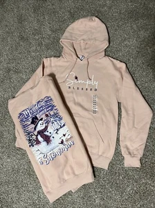 NEW Lt Pink Womens Simply Blessed Winter Snowman 2-Sided Hoodie Sweatshirt Sz S - Picture 1 of 5