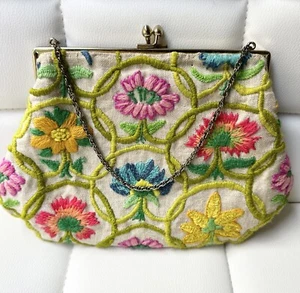 Crewel Linen Purse Brass Chain Snap Closure Lined Erica Wilson Kit 1970s Floral - Picture 1 of 9